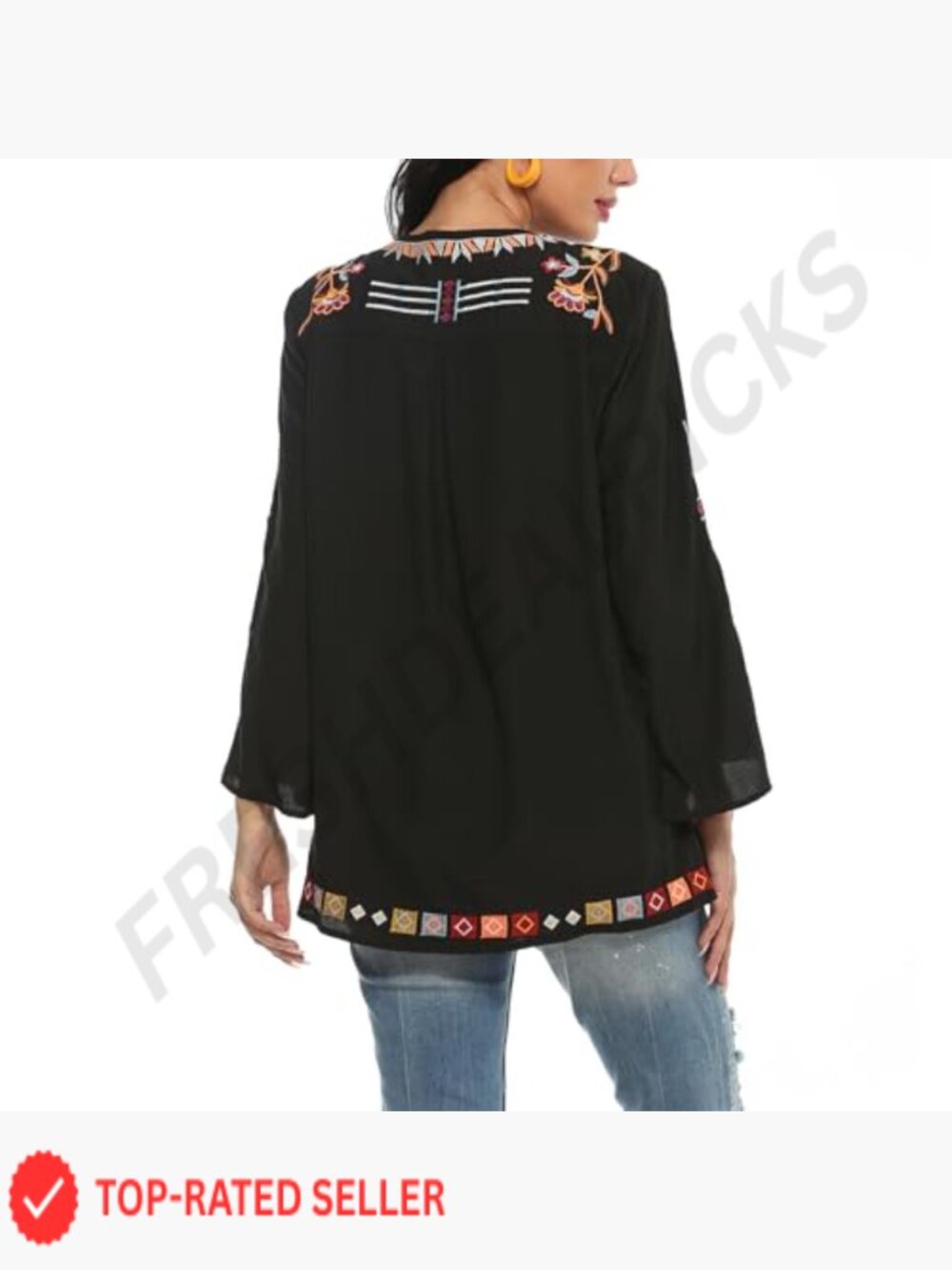 Embroidered Peasant Tunic Blouse Boho Chic Loose Fit Long Sleeve Summer Top - Picture 2 of 7